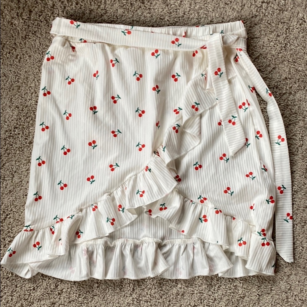 SHEIN White Mini Wrap Skirt WITH Cherry design